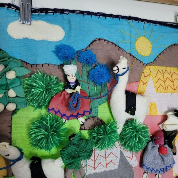 Handstitched Llama‎ Tapestry Folksy Sewn Artwork Wall Hanging Travel Vintage - Picture 2 of 9